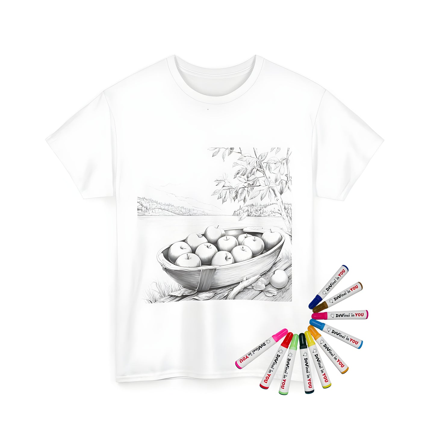 Colorful Unisex T-shirt design featuring a serene lake and apples on a boat near a tree in a beautiful mountain backdrop