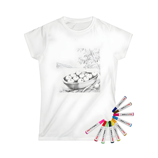 Women's T-shirt featuring a serene lake and boat scene with apples and tree against a mountain backdrop, perfect for coloring enthusiasts. Watercolor-style illustration on a soft Women's T-shirt. Relaxing design for casual wear.