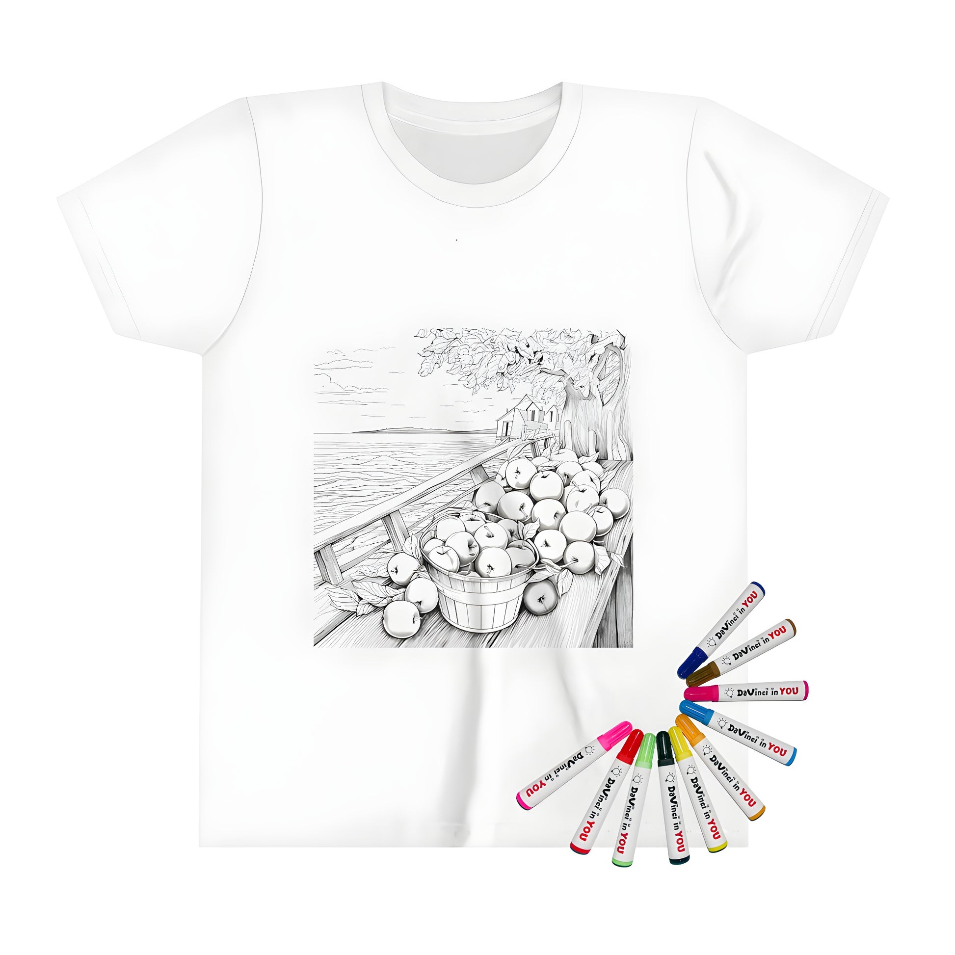 Coloring page-inspired Kid's T-shirt with Black & white apples illustration on dock near tree and house by lake