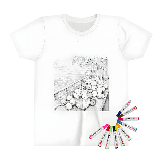 Coloring page-inspired Kid's T-shirt with Black & white apples illustration on dock near tree and house by lake