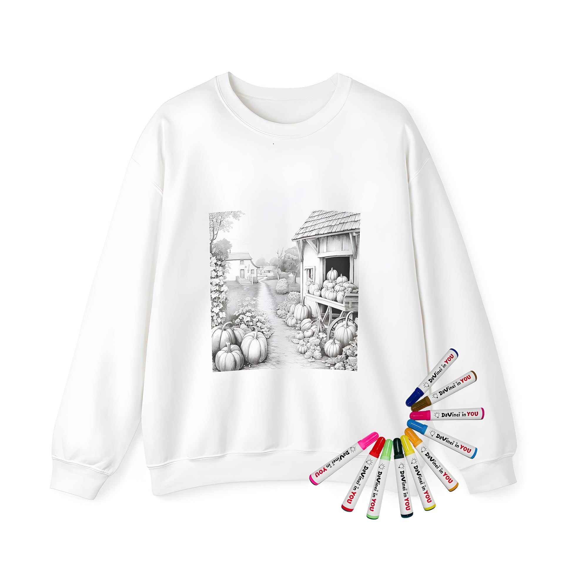 Adult Sweatshirts for coloring with 10 fabric markers. Black and white countryside scene featuring pumpkins, farm houses, barn, and tree design printed on soft sweatshirt material