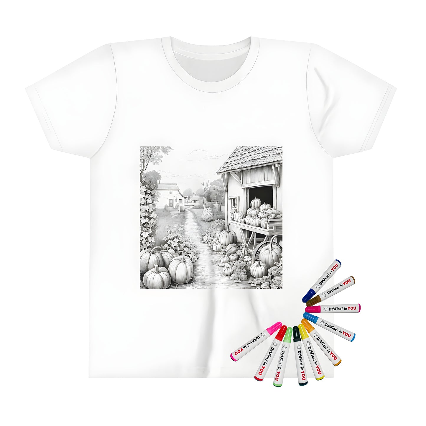 A kid's t-shirt featuring a black and white countryside scene with pumpkins, houses, trees, and a barn - perfect for kids who love fall colors and autumn scenery. Great for kids who enjoy outdoor activities, farmers' markets, or just love the harvest season! Similar to pumpkin patch, country landscape, farm theme, or autumn leaves design.