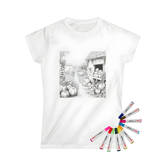 Women's t-shirt coloring kit with fabric markers, featuring a black and white countryside scene of a pumpkin patch farm, houses, trees, and barn