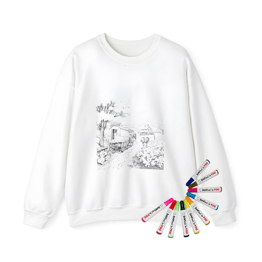 Adult sweatshirt with rural countryside scene artwork featuring horses, wagon, trees, and farmhouse