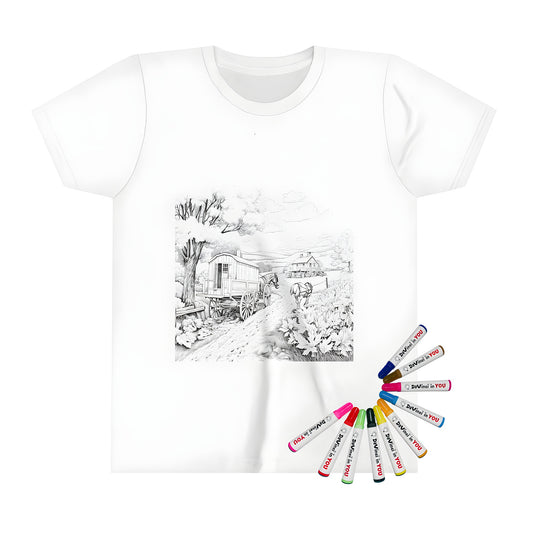 Coloring page inspired Kid's T-shirt depicting a charming rural landscape scene with horses hitched to a wagon, surrounded by trees and a farmhouse in the background.