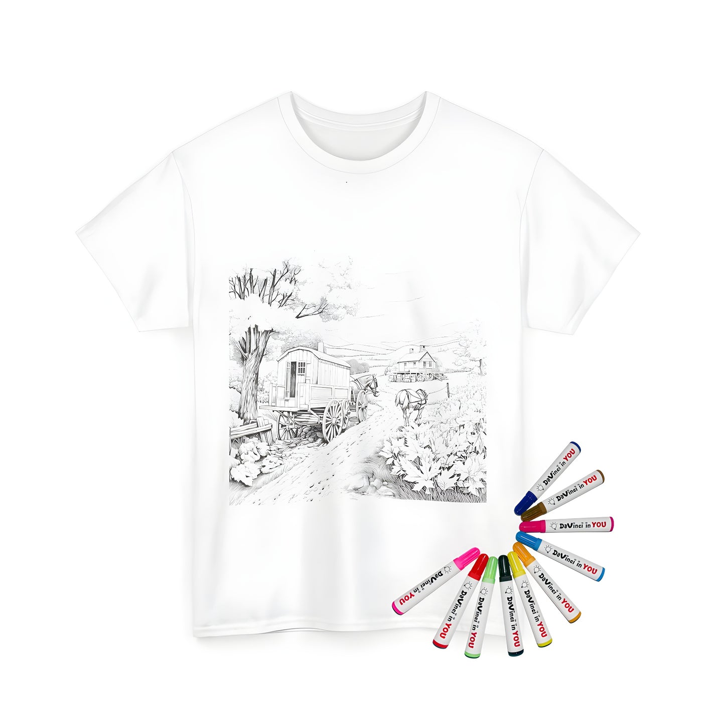 Coloring kit unisex t-shirt with rural countryside scene art, black and white drawing of horses wagon trees farmhouse