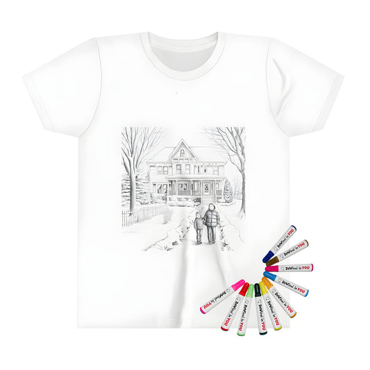 Coloring kit kid's t-shirt with winter scene design, featuring detailed house drawing and children playing