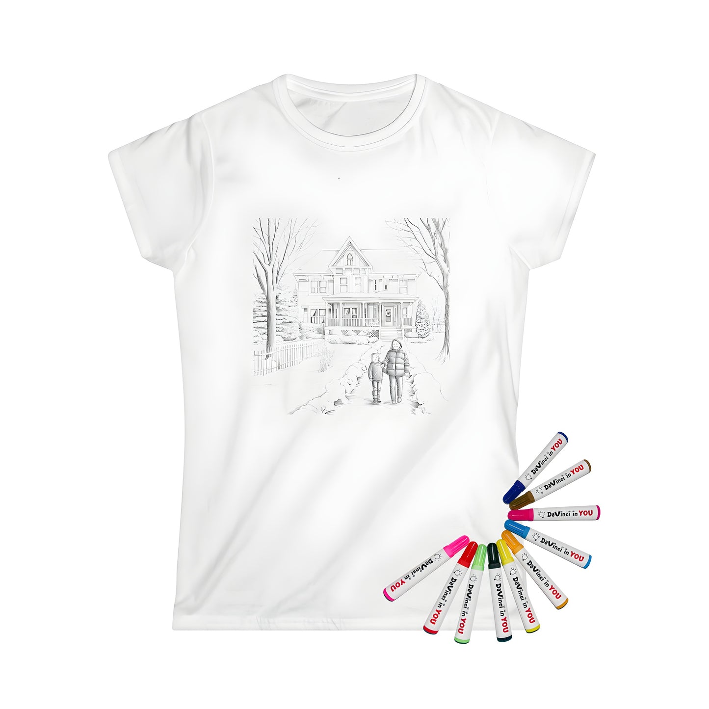 Women's t-shirt featuring a colorful winter scene design, with snow-covered houses and happy children playing