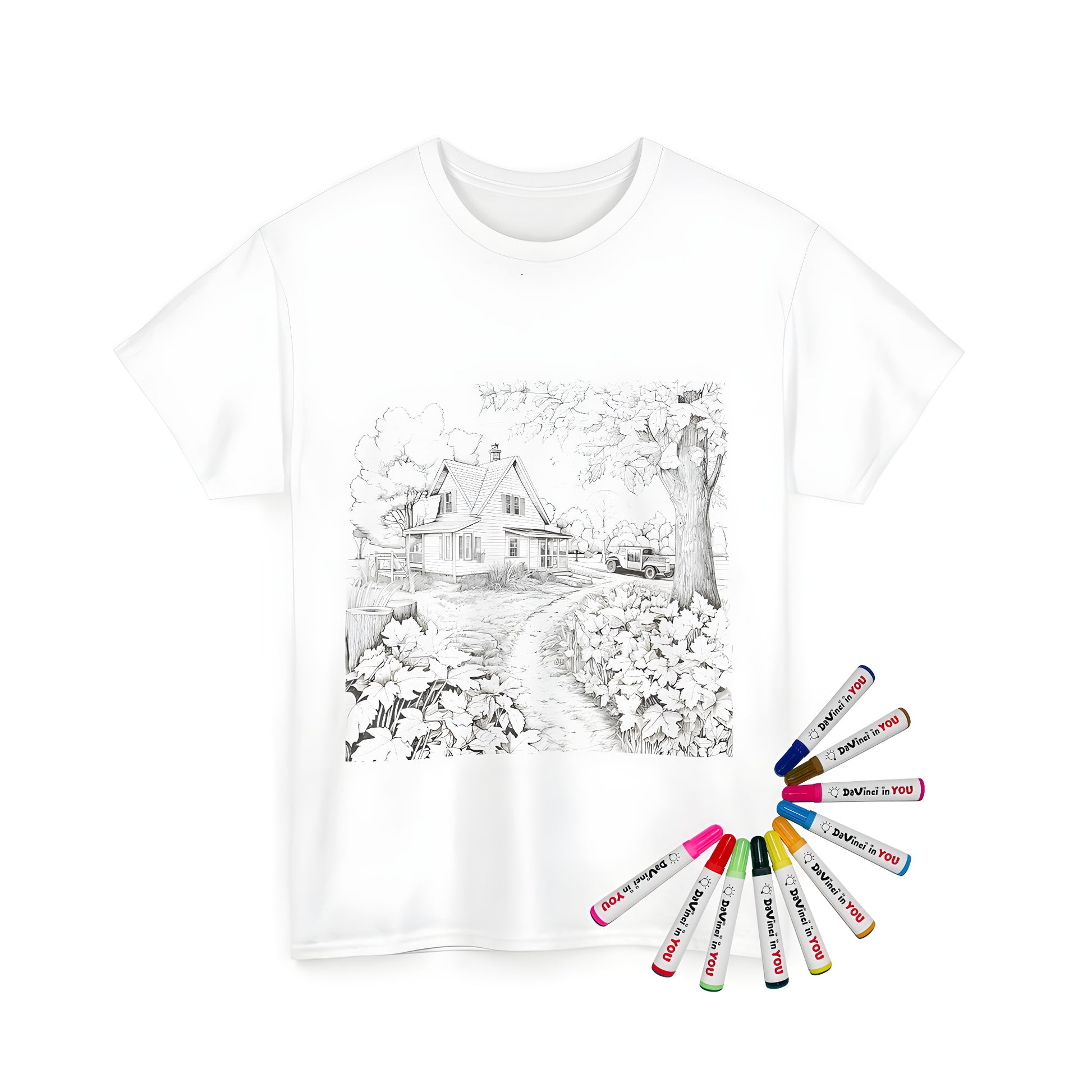 Unisex tee with intricate country estate illustration, featuring a charming house surrounded by lush greenery and a vintage car on a dirt path.