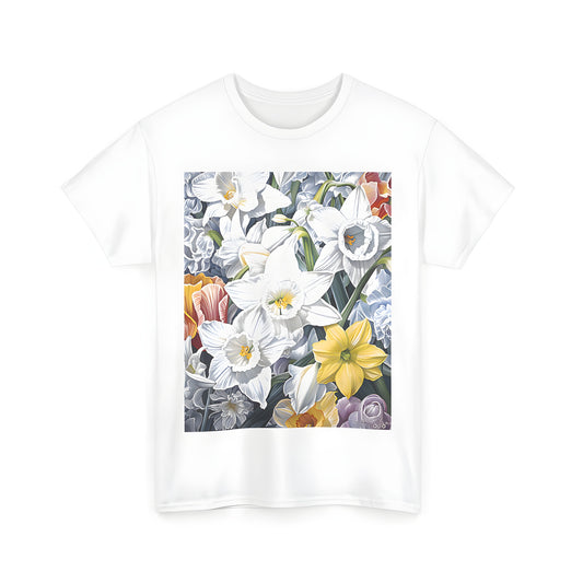 Vibrant daffodil flowers print on a unisex t-shirt