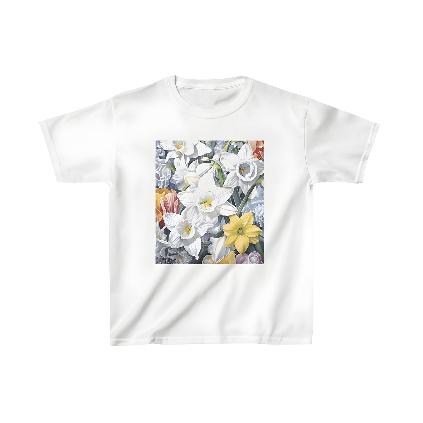 Colorful kids t-shirt featuring a vibrant display of daffodil flowers, narcissus, jonquil, and trumpet flowers in white, yellow, orange hues