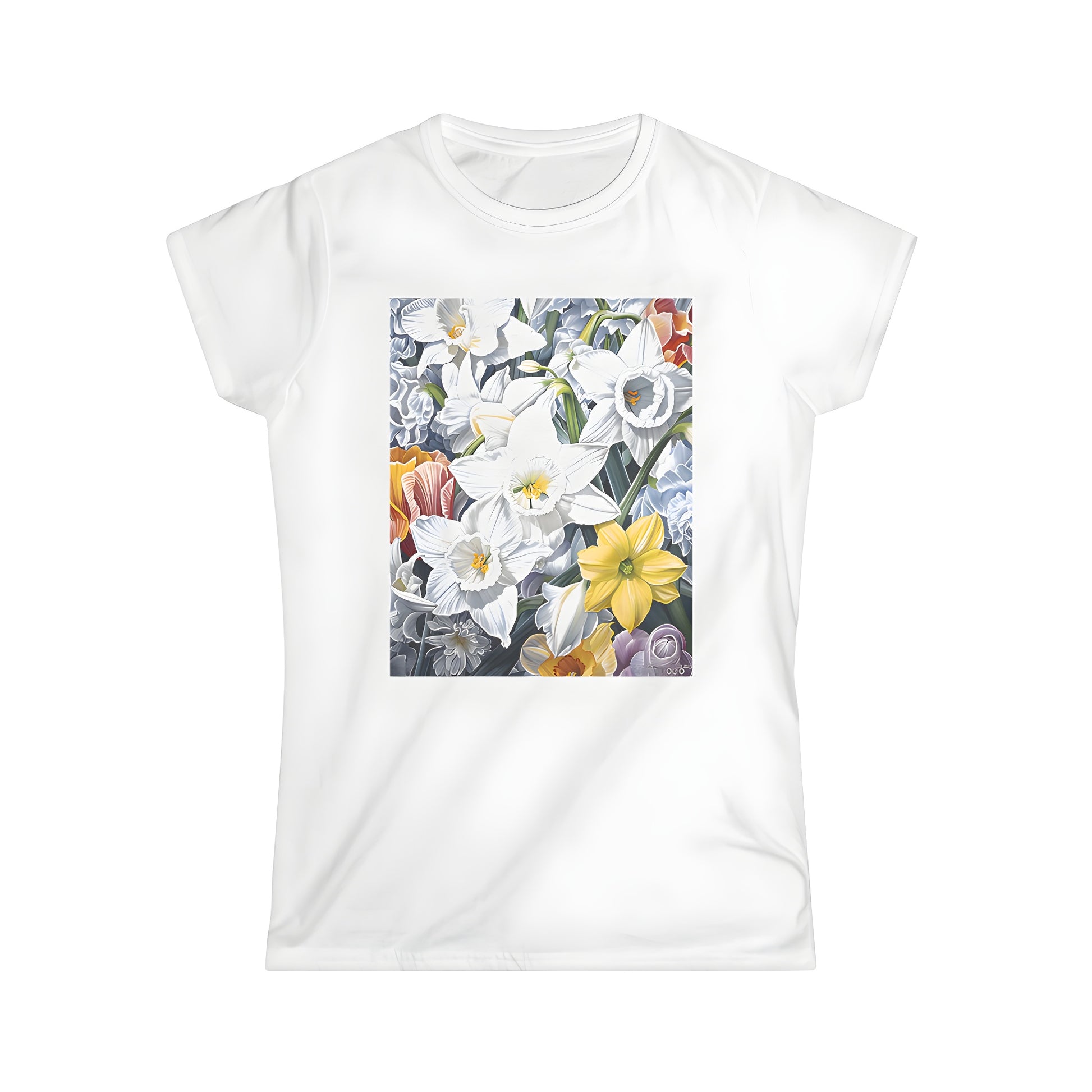 Women's graphic t-shirt featuring a colorful floral design of daffodils, jonquils, narcissus flowers in full bloom on a vibrant yellow and orange background