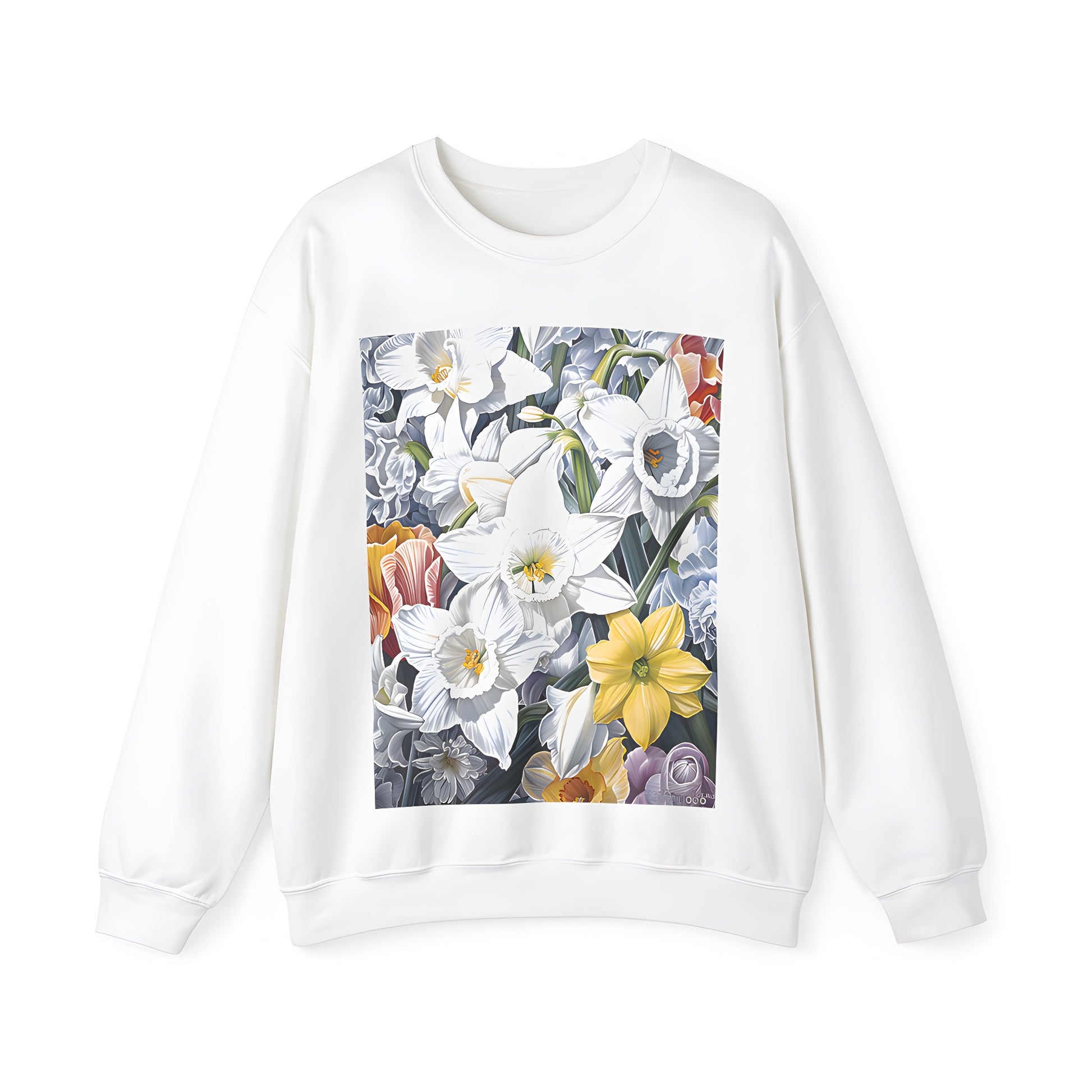 Adult sweatshirt featuring a colorful daffodil, narcissus, and jonquil flower print in full bloom with vibrant white, yellow, and orange petals.