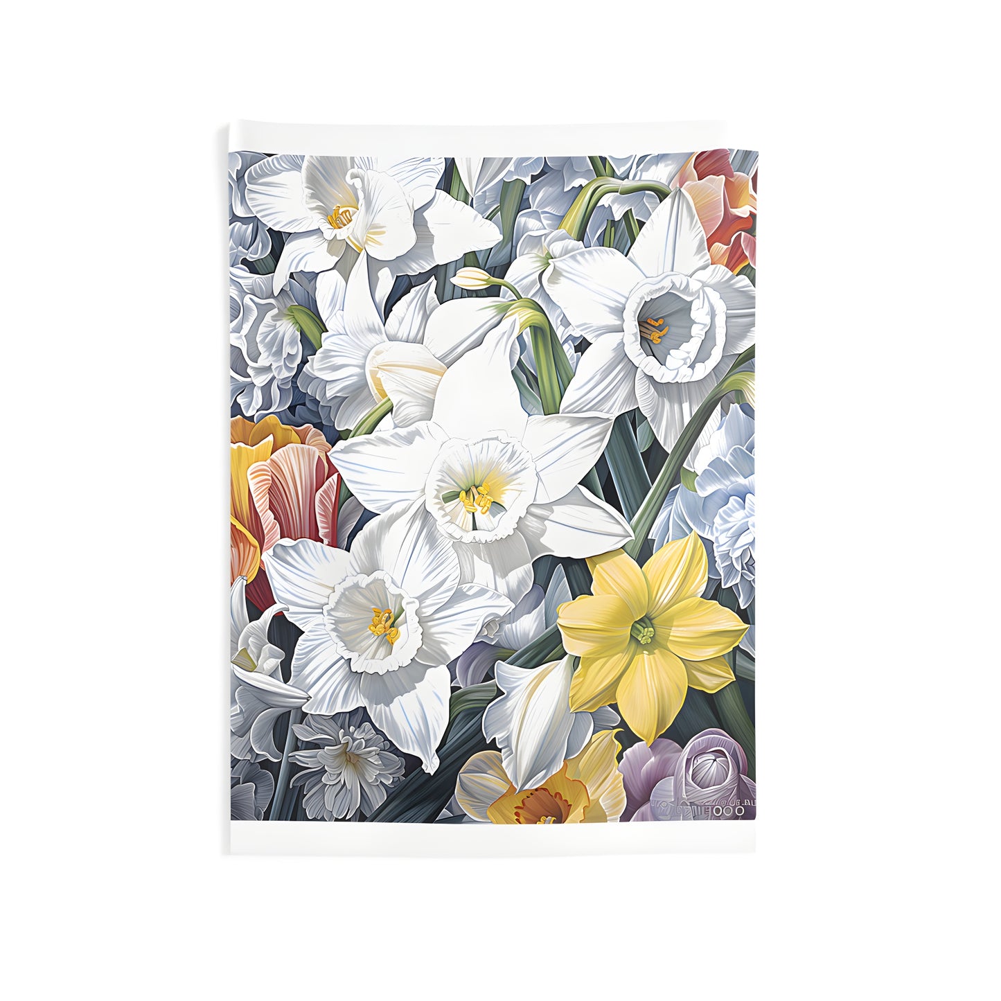 Indoor Wall Tapestry featuring a beautiful display of daffodil flowers in full bloom, with vibrant colors and intricate details.