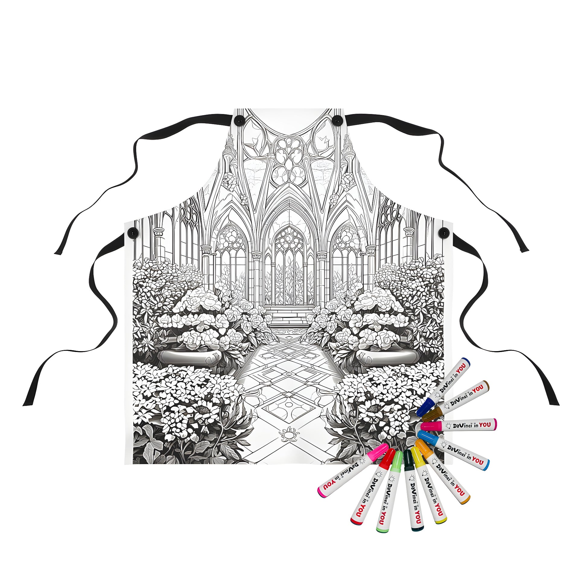 Gothic castle garden apron with intricate black-and-white drawing of abundant flowers, stained glass, and pathways. Perfect for coloring enthusiasts.