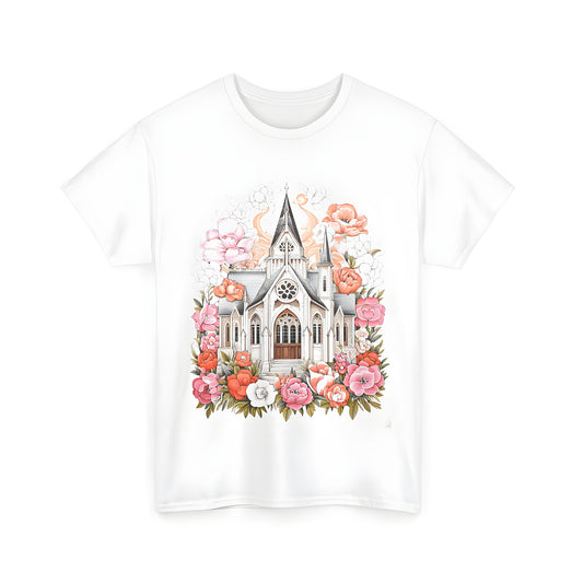 Colorful illustration of gothic church surrounded by flowers on unisex t-shirt