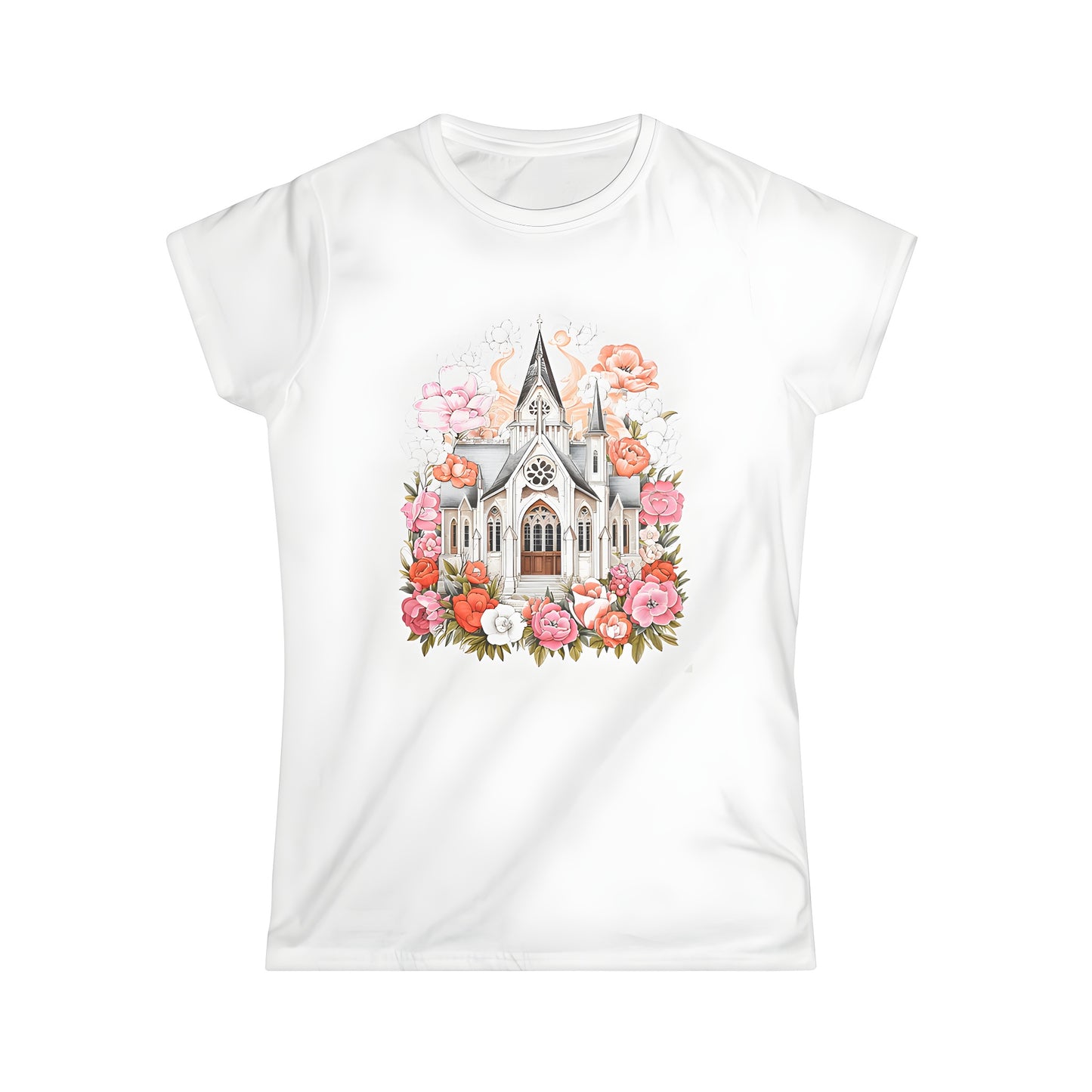 Women's T-Shirt with Gothic Church and Flower Illustration