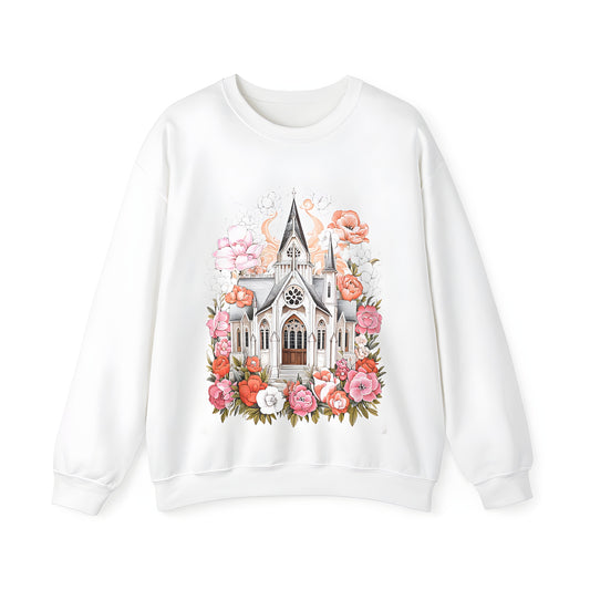 Adult Sweatshirt with colorful Gothic Church and Floral Design