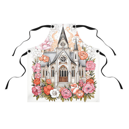 Vibrant apron design featuring a colorful gothic church surrounded by blooms, perfect for floral and architecture enthusiasts