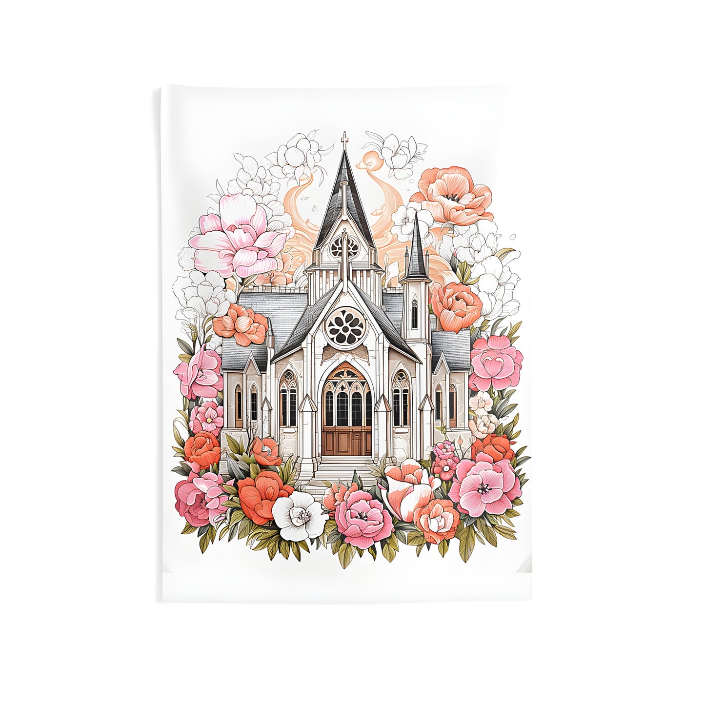 Colorful gothic church wall hanging with blooming flower tapestry