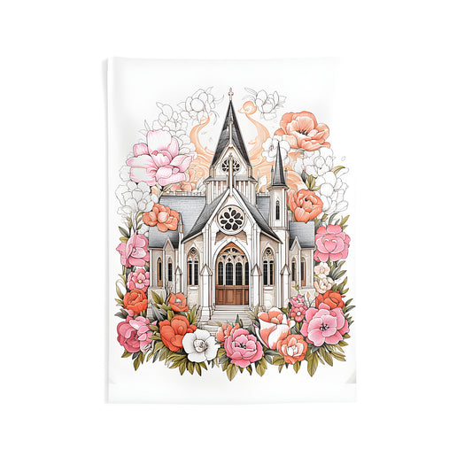 Colorful gothic church wall hanging with blooming flower tapestry