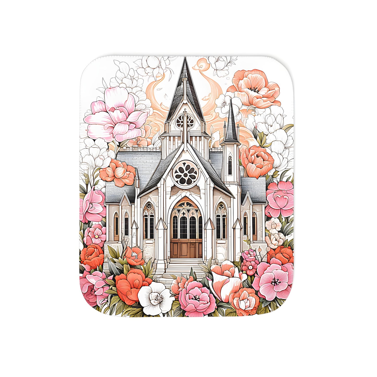 Blanket with colorful illustration of Gothic church surrounded by blooming flowers