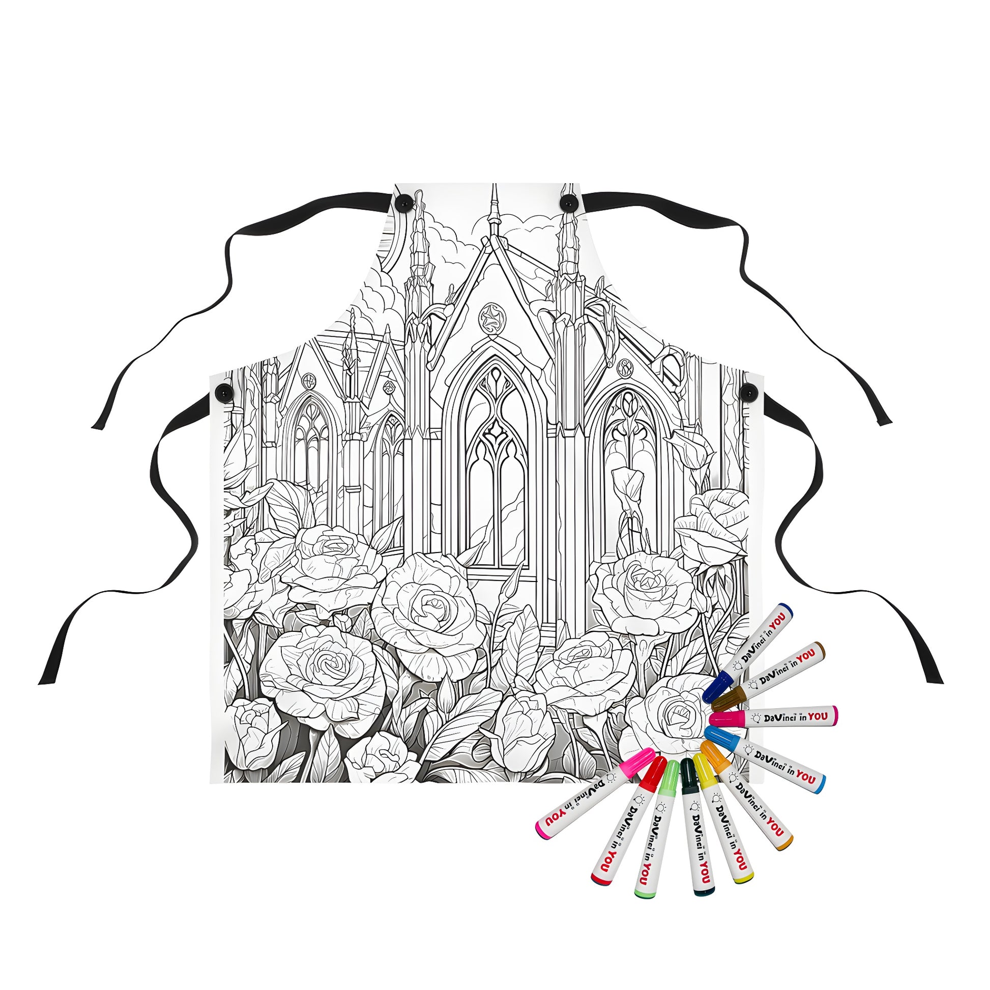 Intricate Gothic Church and Blooming Floral Patterned Apron