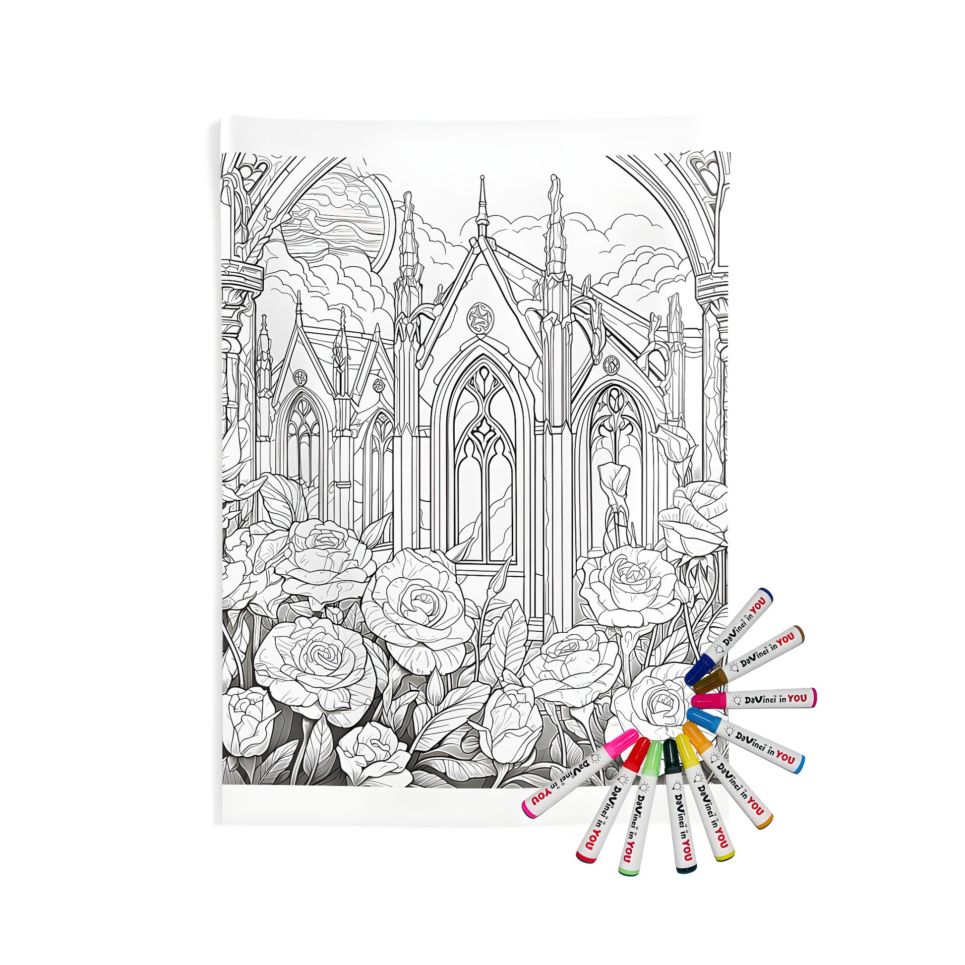 Indoor wall tapestry with intricate gothic cathedral and blooming rose design