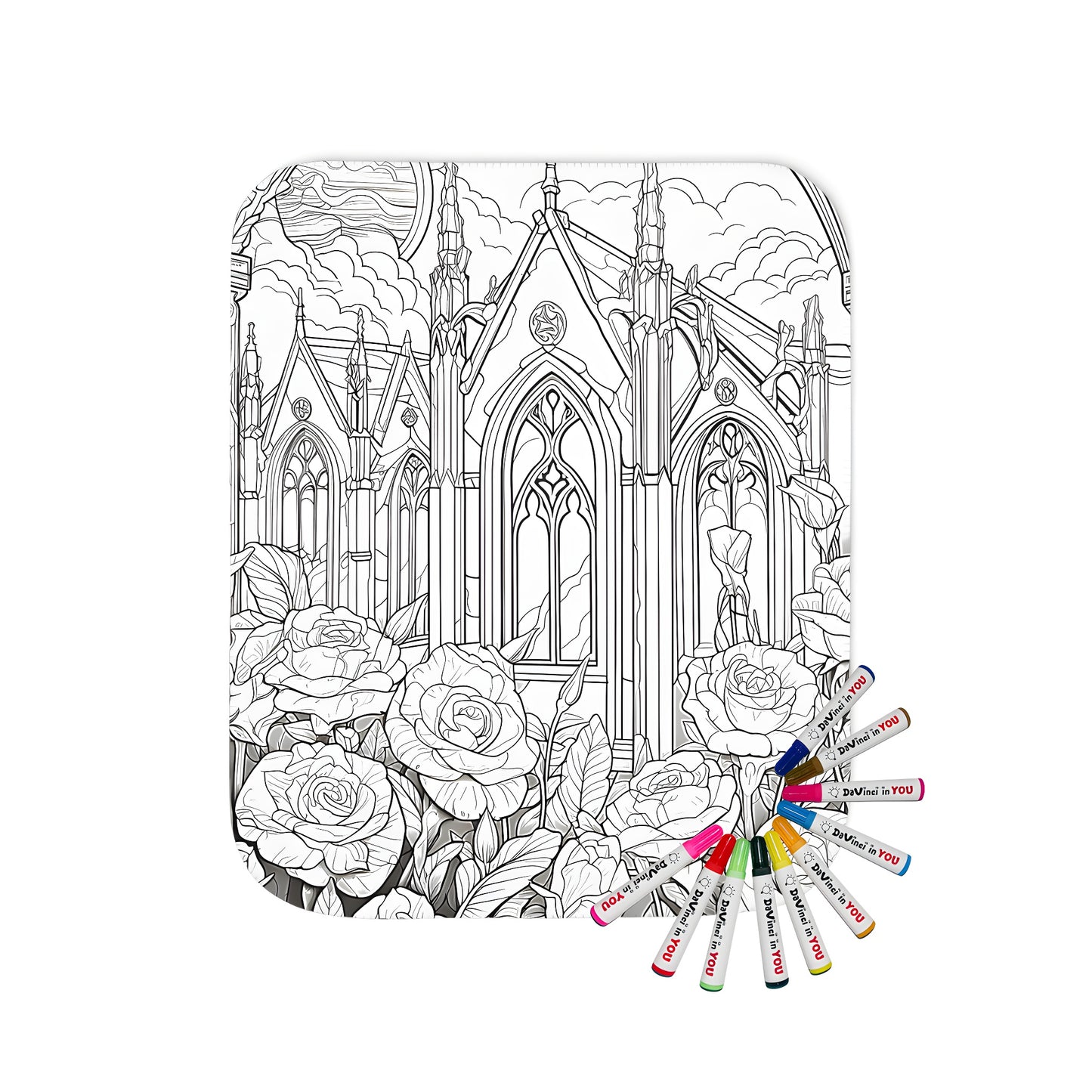 Colorful blanket featuring intricate gothic cathedral and blooming rose design with fabric markers