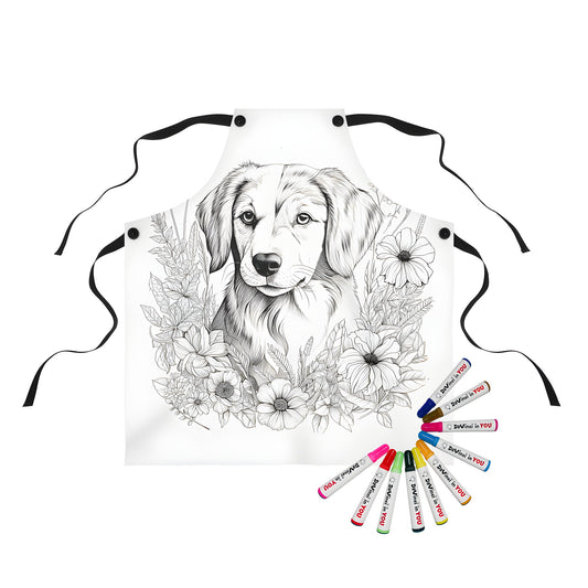 Detailed black-and-white illustration of a puppy surrounded by various flowers on an apron