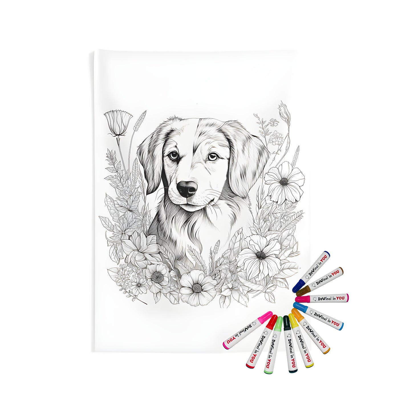 Indoor wall tapestry design featuring a cute puppy surrounded by colorful flowers, perfect for dog lovers and fans of whimsical illustrations.