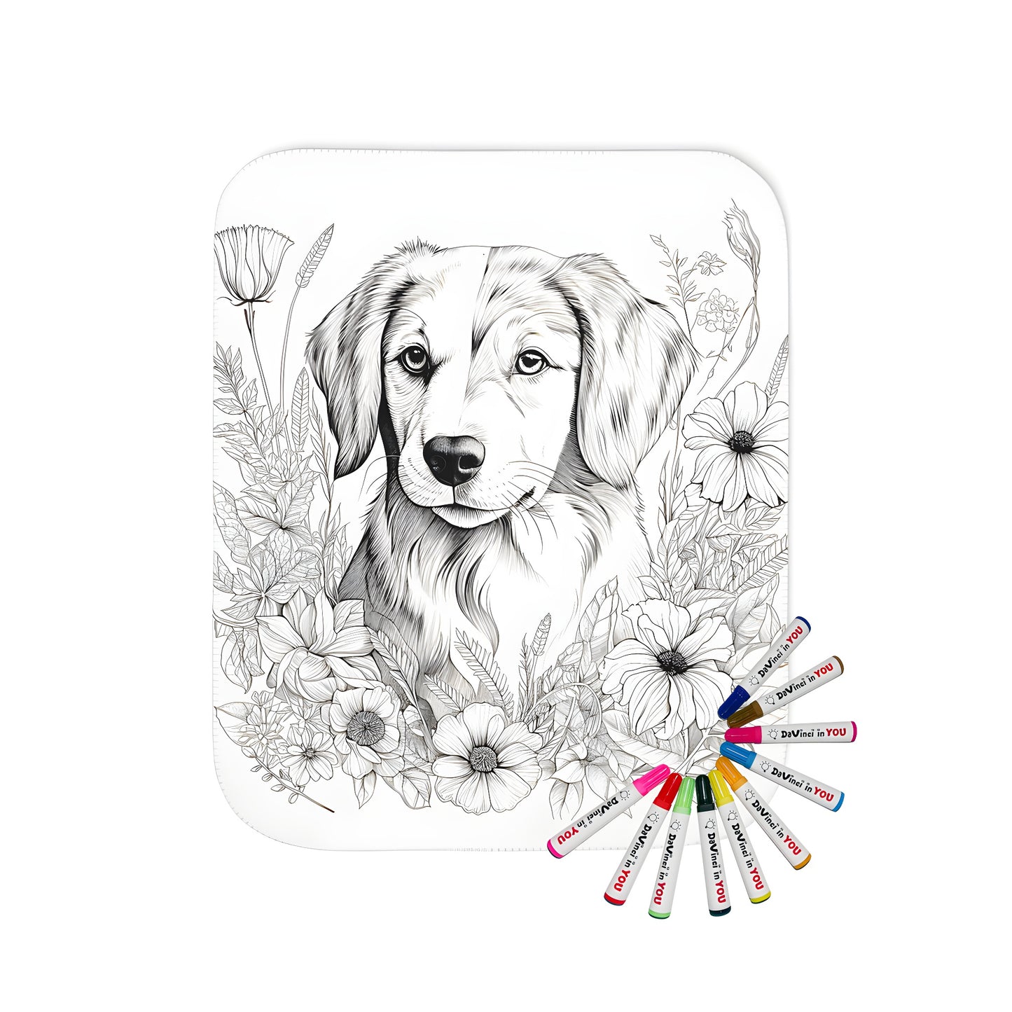 A cozy blanket featuring a charming black-and-white illustration of a dog surrounded by vibrant flowers