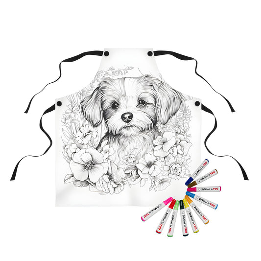 Apron featuring detailed drawing of dog surrounded by colorful flowers