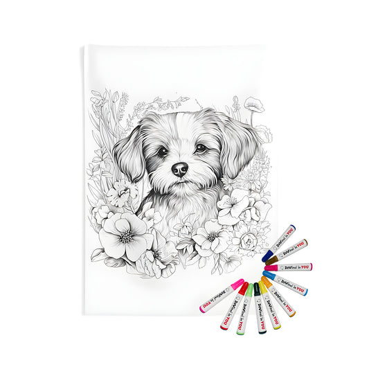 Coloring kit for indoor wall tapestries with dog surrounded by flowers