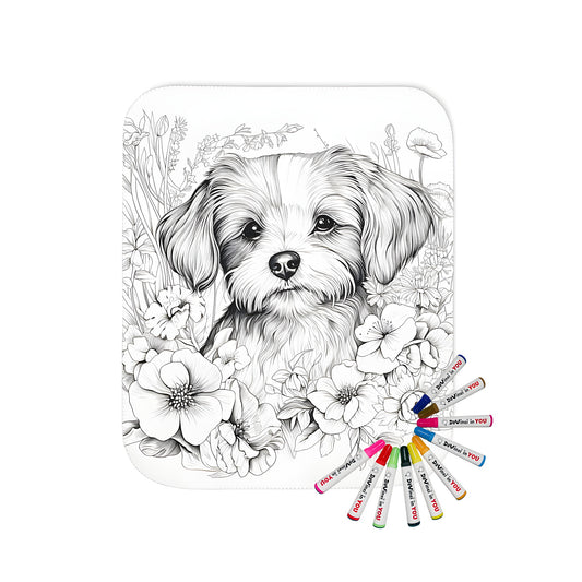 Cozy blanket featuring a detailed sketch of a dog amidst colorful flowers