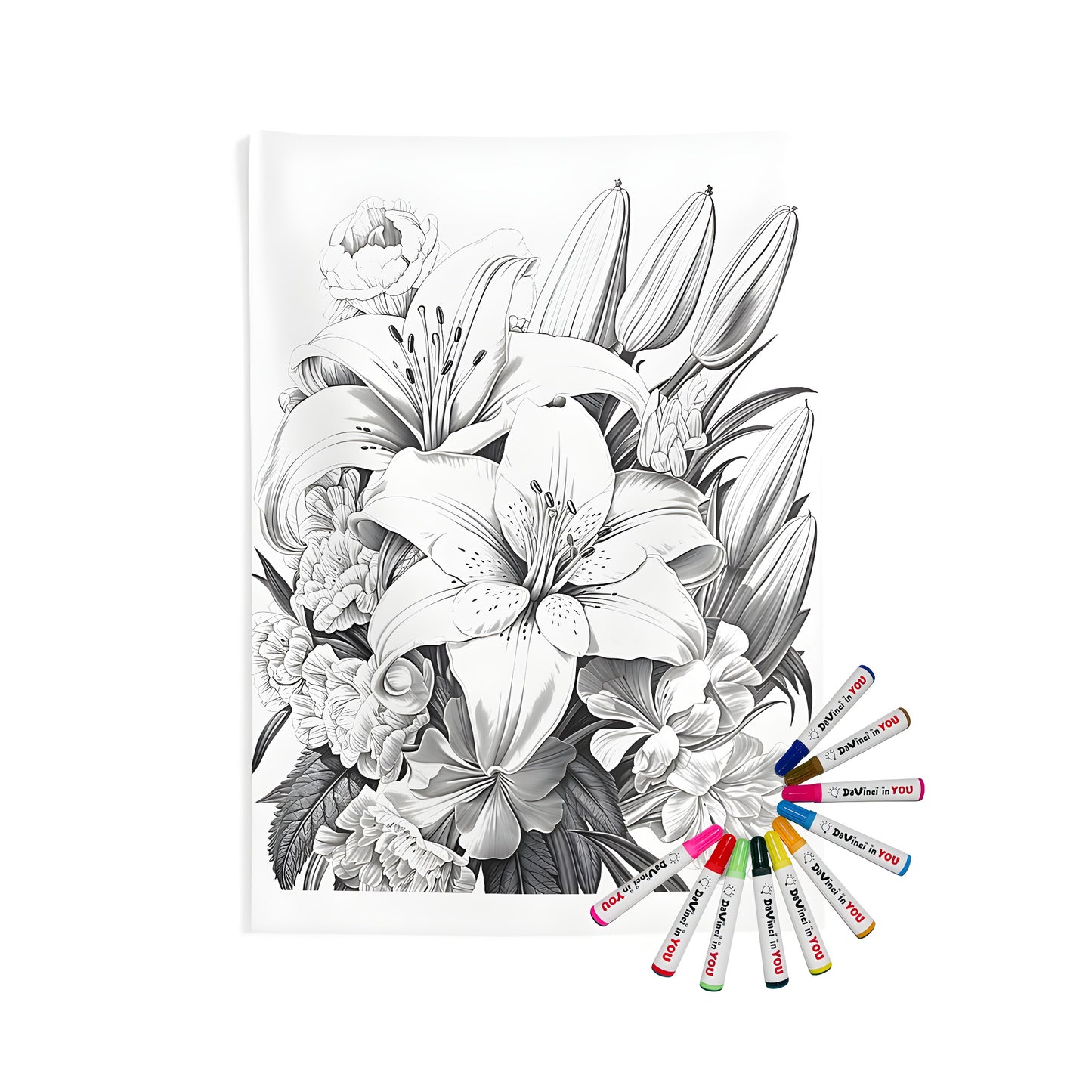 Beautiful Indoor Wall Tapestries featuring an elegant floral design with lilies, calla lilies, and other flowers in a detailed black-and-white sketch