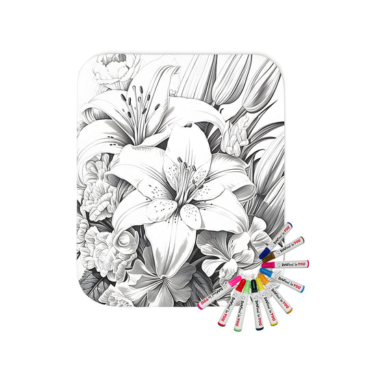 Cozy blanket featuring a beautiful floral design with lilies, tulips, and daisies