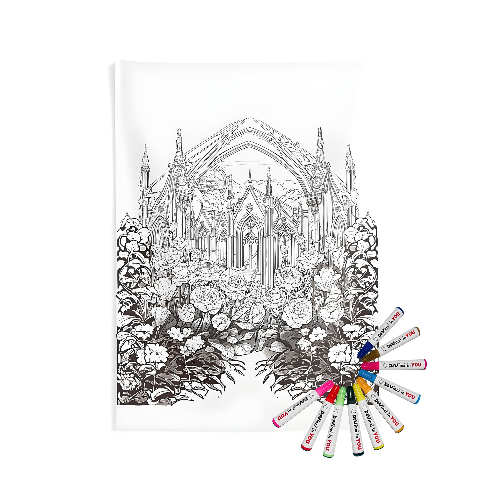 Intricate cathedral tapestry wall hanging with floral garden, detailed architecture, and colorful sky backdrop.