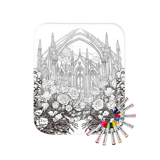 Gothic cathedral blanket with intricate details, colorful fabric markers, and a floral garden backdrop