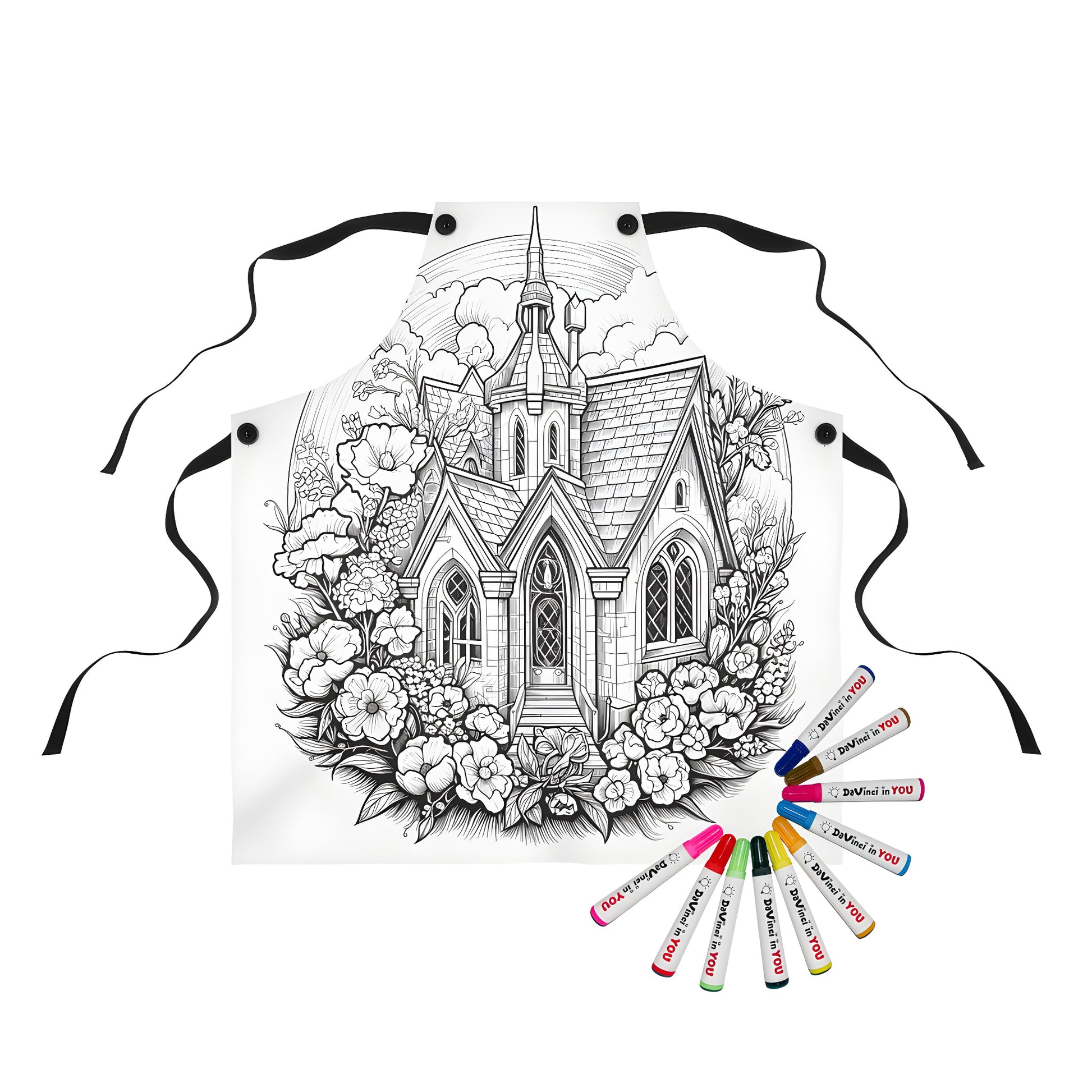 Gothic church apron design with intricate details and colorful floral patterns