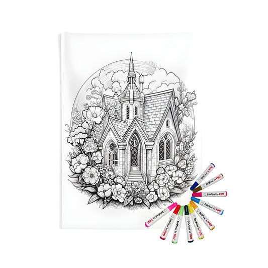 Indoor wall tapestries coloring kit featuring a stunning Gothic-inspired church artwork with intricate floral designs and cloudy skies