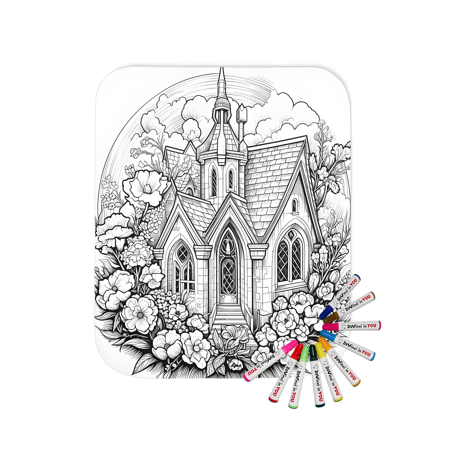 Gothic church-themed blanket for sale with 10 vibrant fabric markers included. Richly detailed architecture and floral patterns against a cloudy sky create an immersive coloring experience.