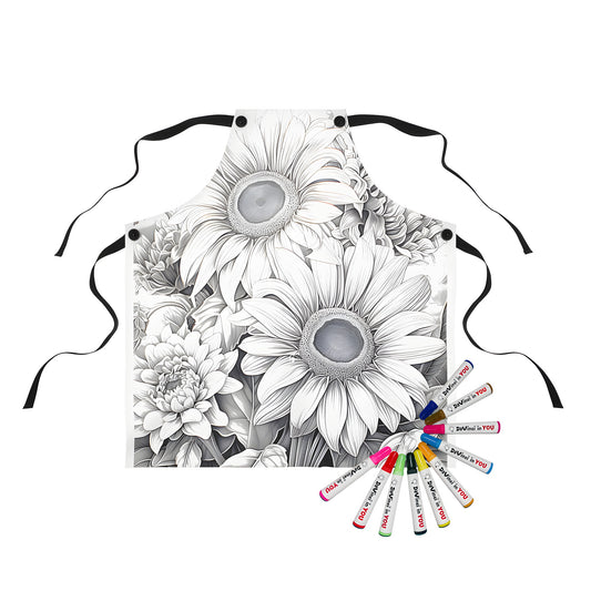 Colorful aprons featuring vibrant floral designs inspired by sunflower illustrations