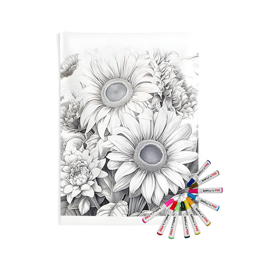 Detailed Grayscale illustration of sunflower designs, surrounded by leaves and other flowers. Perfect for home decor, wall tapestries, and coloring kits.