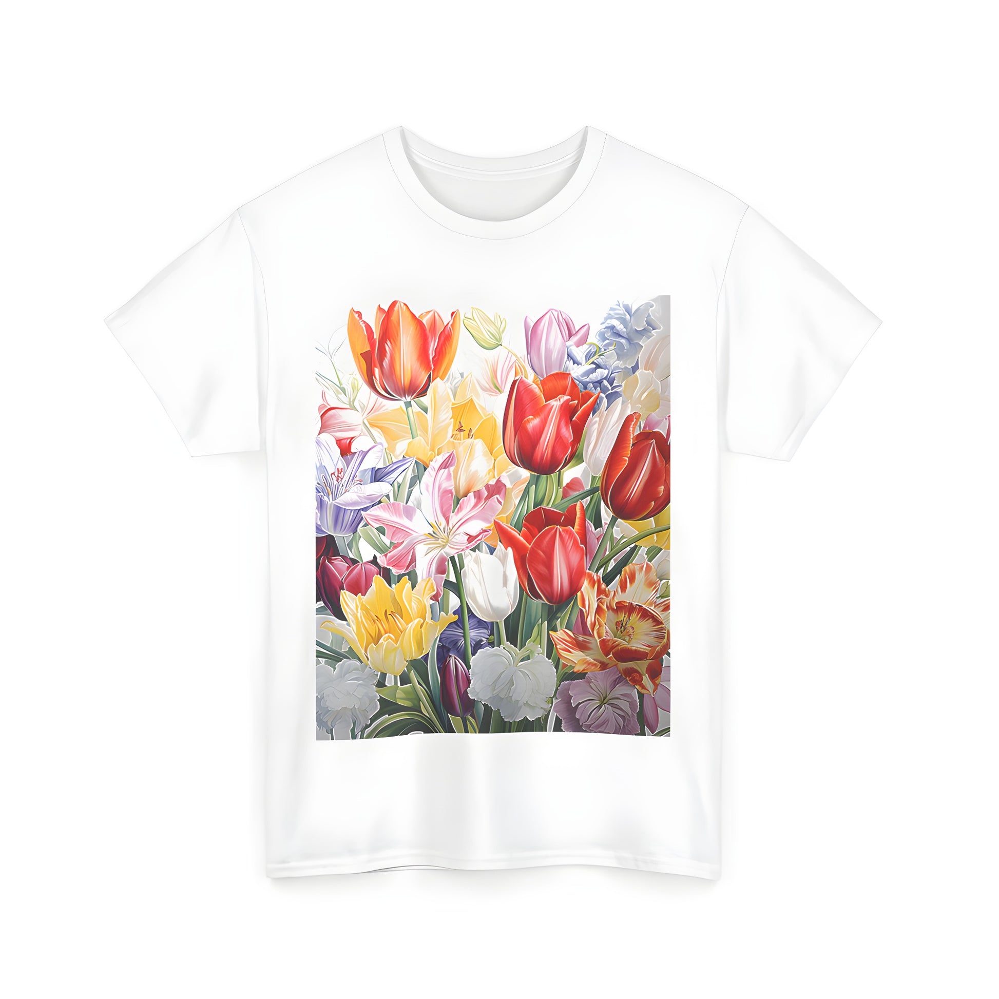 Vibrant tulip bouquet on unisex t-shirt for men and women