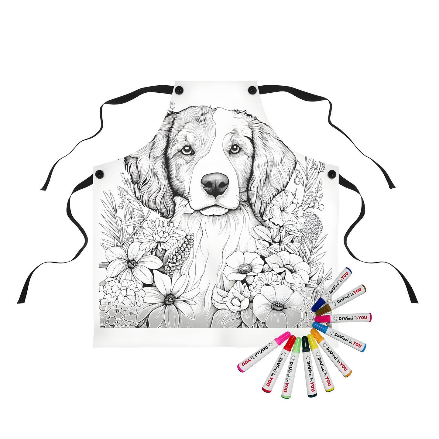 Coloring apron with intricate outline illustration of dog's face surrounded by various flowers for kids and adults