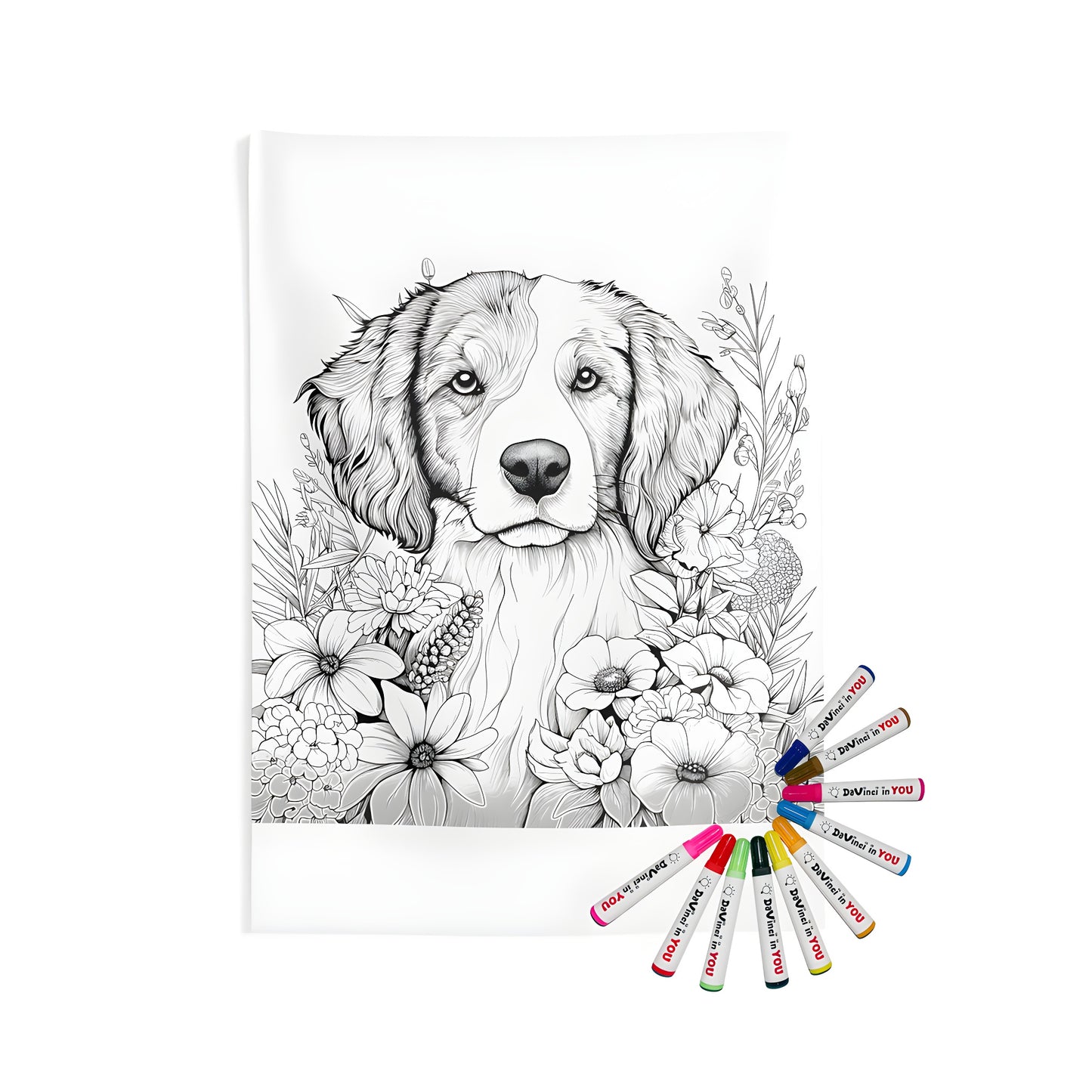 Intricate dog face illustration surrounded by colorful flowers on indoor wall tapestry