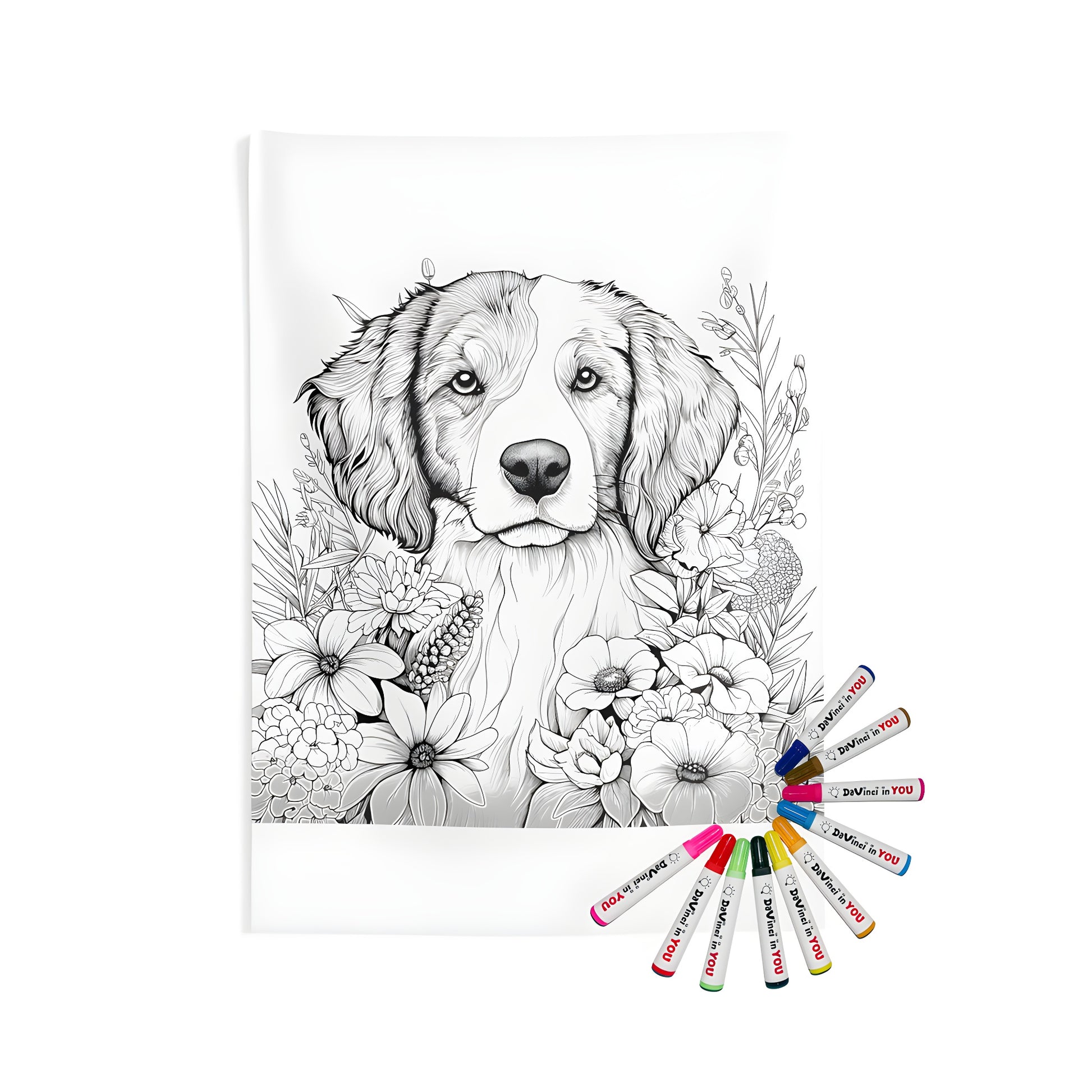 Intricate dog face illustration surrounded by colorful flowers on indoor wall tapestry