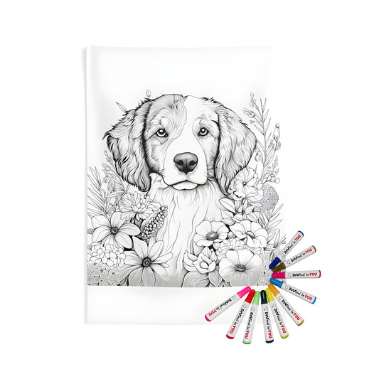 Intricate dog face illustration surrounded by colorful flowers on indoor wall tapestry