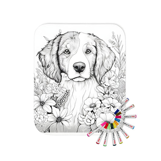 Blanket with colorful dog and flower design, perfect for kids and adults alike